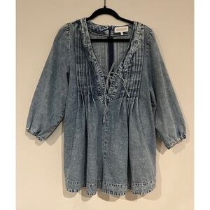 VEVERET Denim Pinafore Dress with Lace Up Neck and‎ Pleated Front Size M